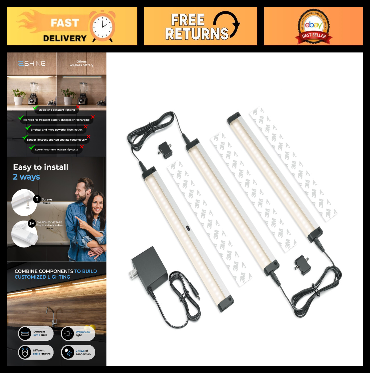 Dimmable Touchless LED Under Cabinet Lighting Kit – 3-Pack 12″ Warm White (3000K