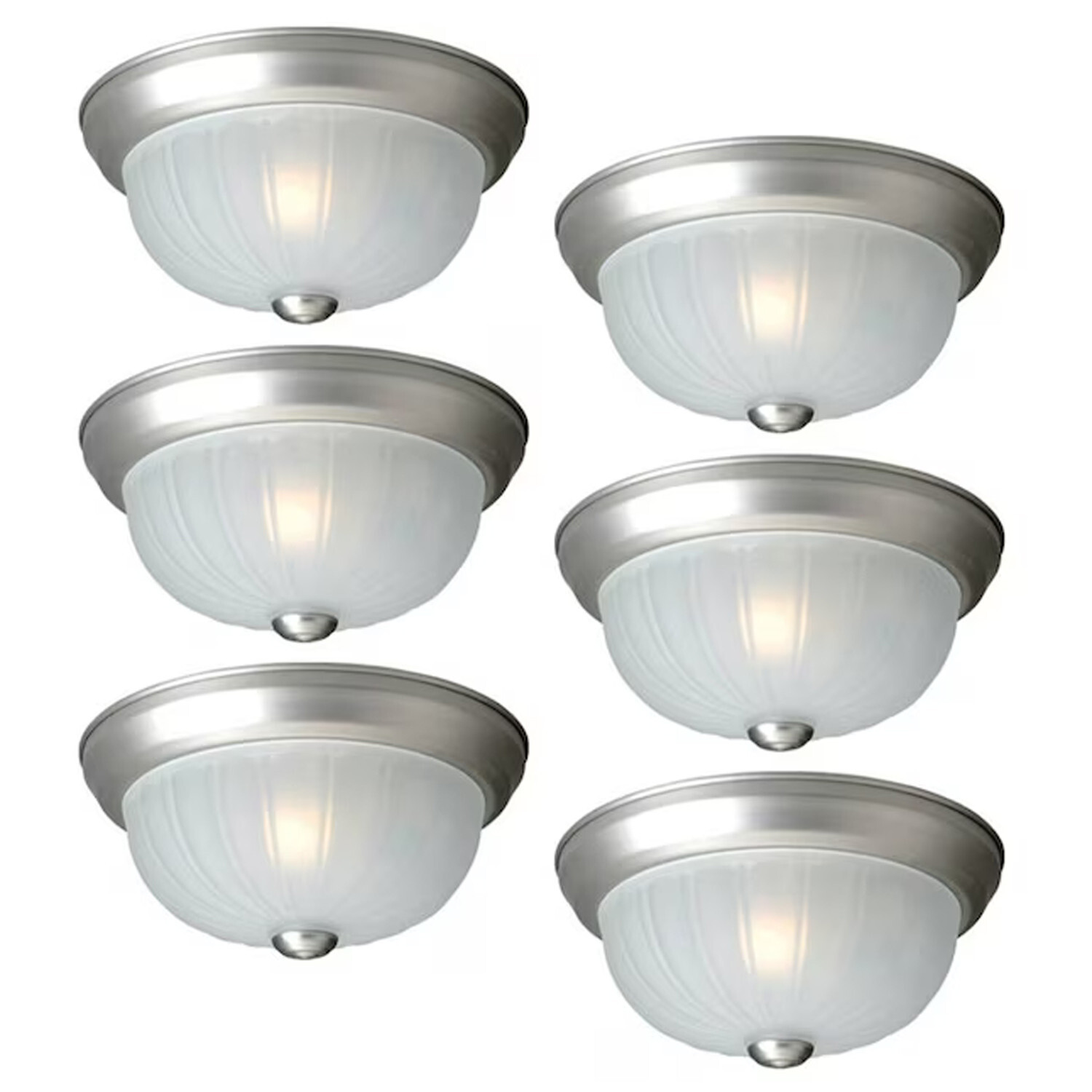 (6) Flushmount Ceiling Light Fixture Brushed Nickle Frosted Ribbed Glass 10″