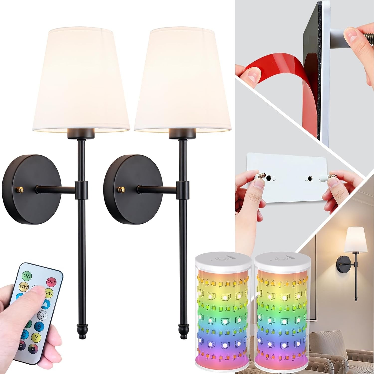 Set of 2 Wireless Wall Sconces Peel & Stick with Adhesives – Black | Brand New