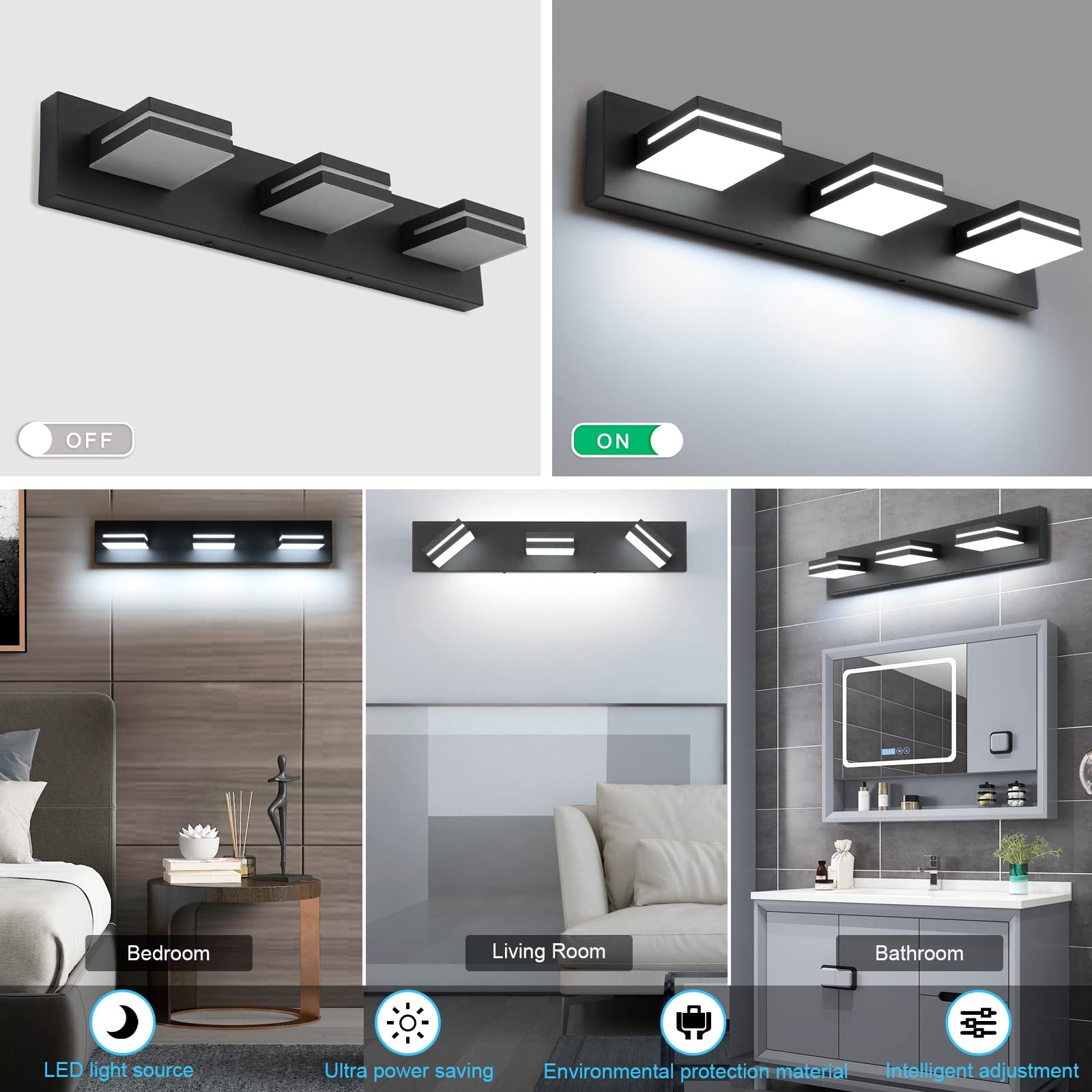 LED Modern Bathroom Vanity Light Fixtures 3-Light 24-Inch Matte Black Modern