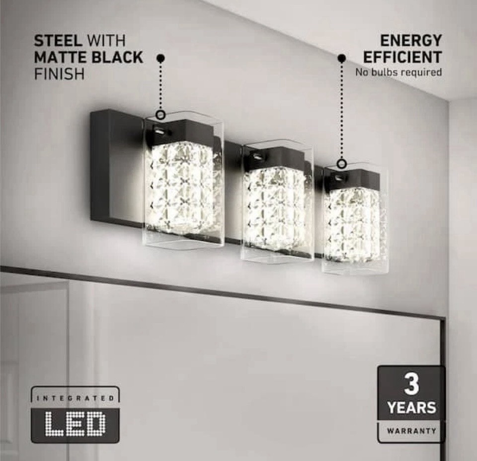 ARTIKA Crystal Cube 20 in. 3 Light Matte Black Integrated LED 5-CCT Vanity Light