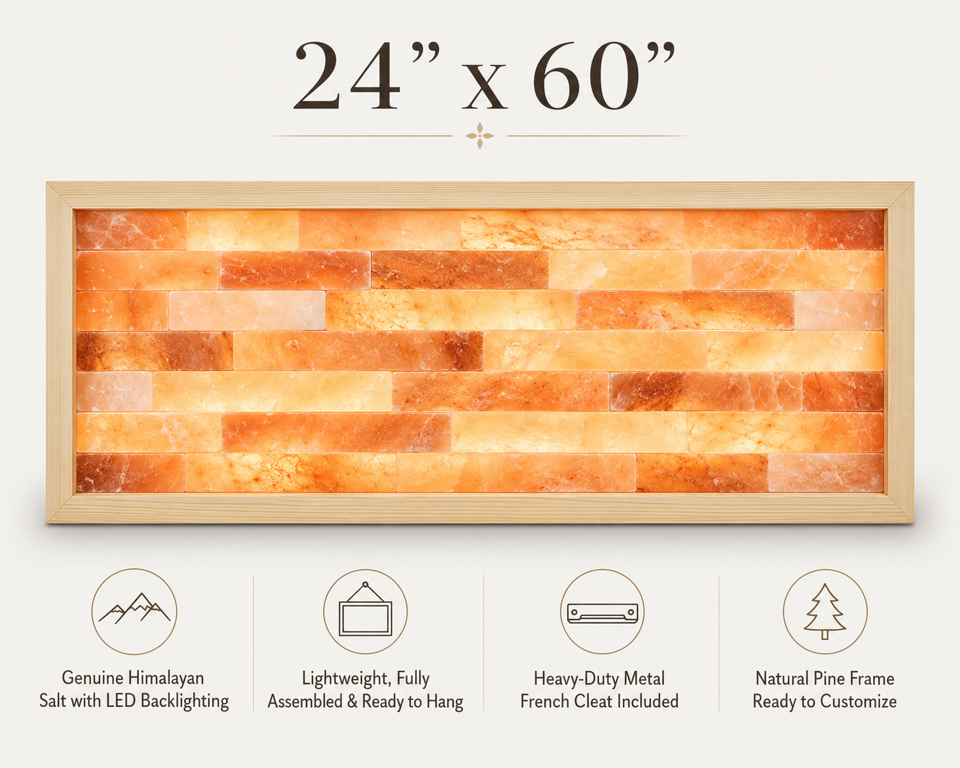 Himalayan Salt Wall Panel with LED Backlight, fully assembled 24»x60»