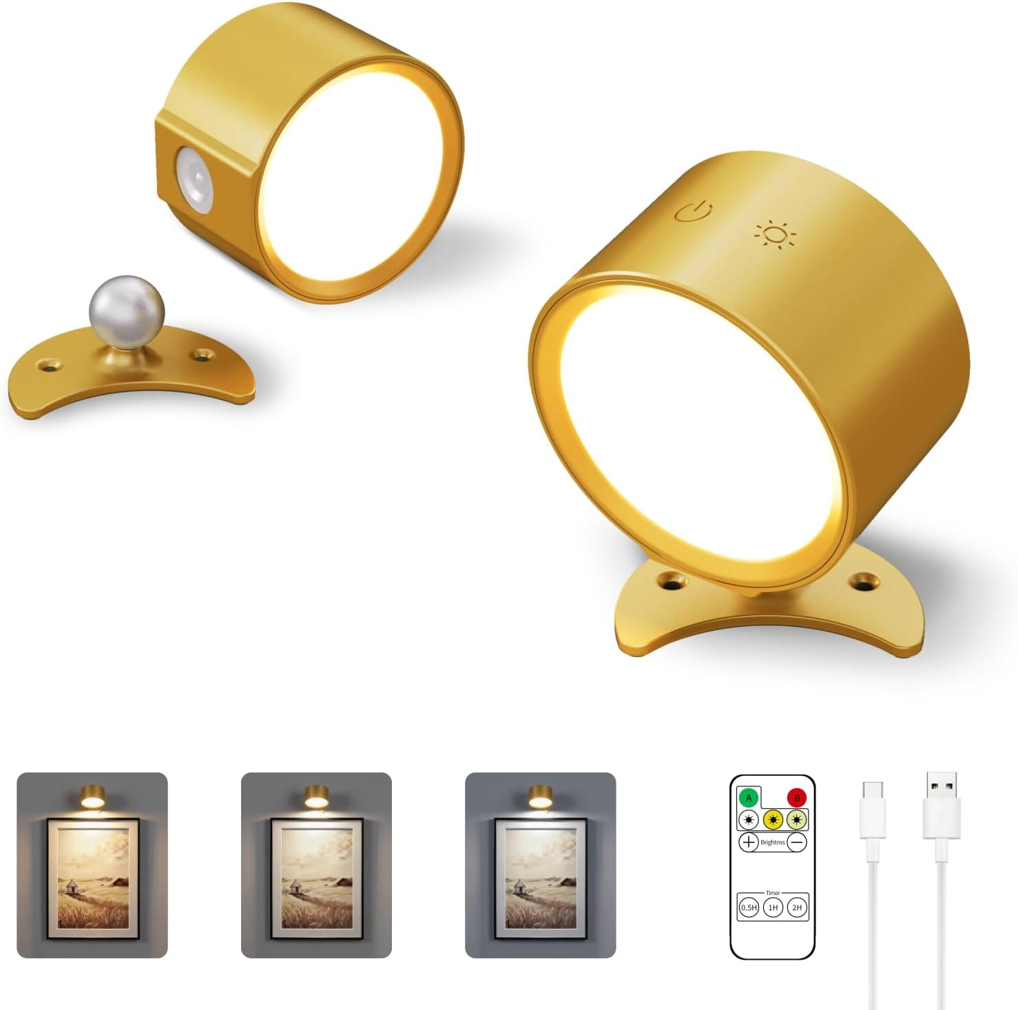 LED Wall Sconce Lamp 2-Pack, Remote & Touch, Dimmable, USB Rechargeable