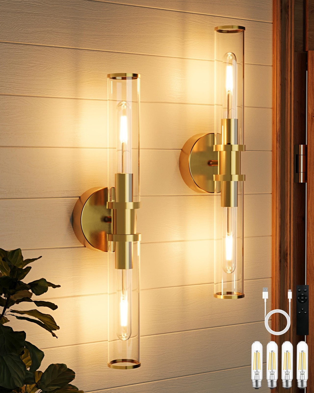 8000mAh Wireless Wall Sconces with 2 Pack, Gold(Clear Tubular Lampshade)