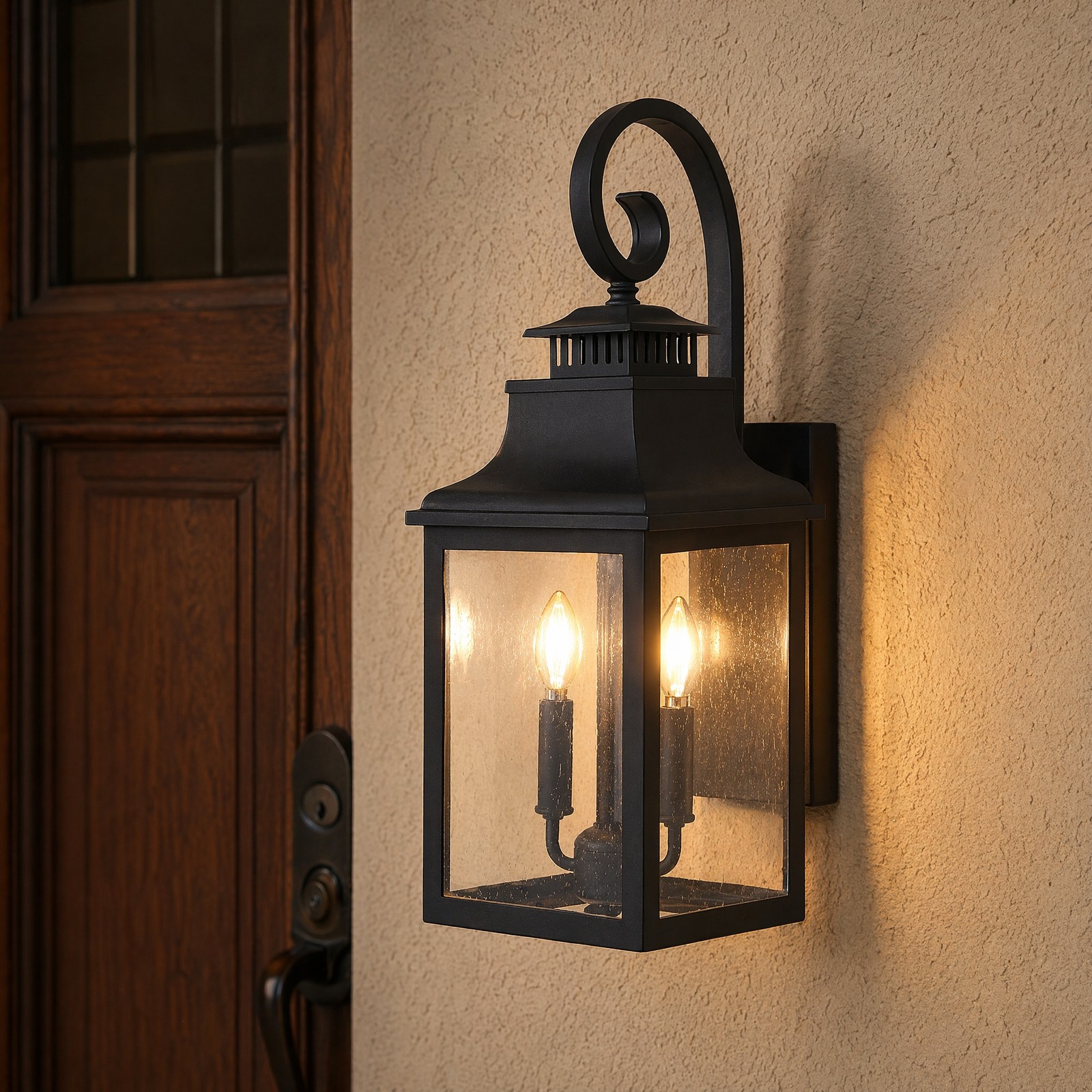 23 inch Outdoor Large Black Modern Wall Sconce Clear Seeded Glass Light Fixture