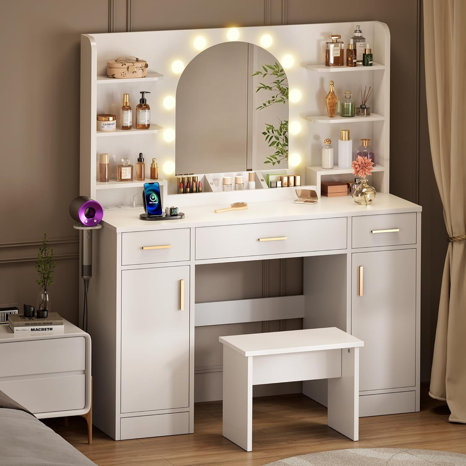 43» White Vanity with 11 LED Lights & Mirrow | Makeup Vanity Table with Power O