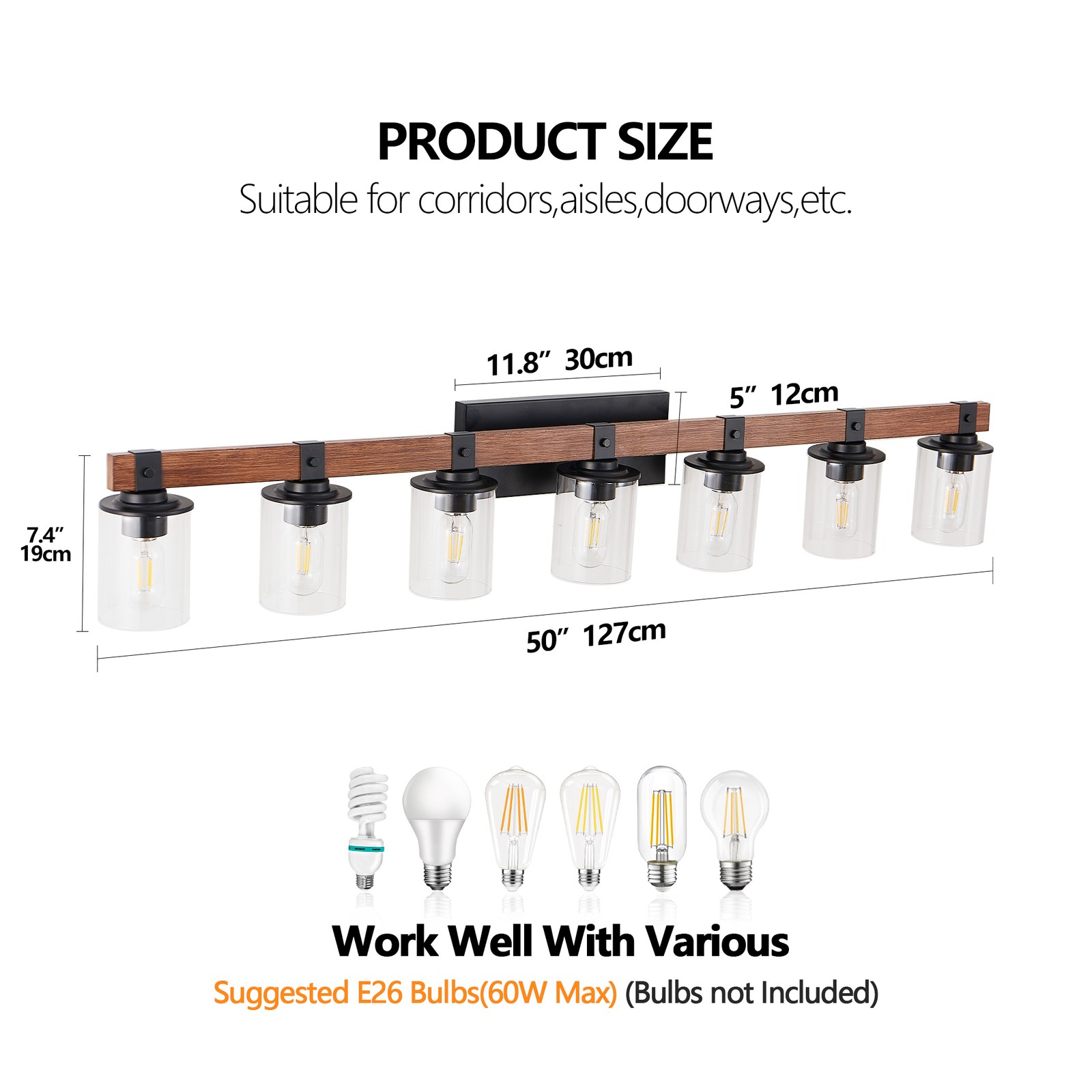 Vanity Light 7 Lights 50» Farmhouse Wood Black for Bathroom Mirror Wall Fixture