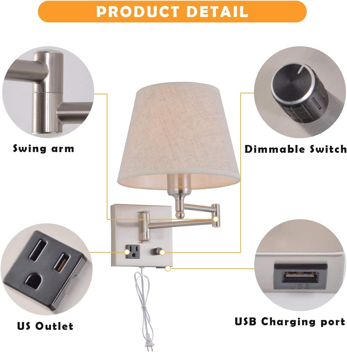 Affsure Bedside Wall Mount Light Dimmable Switch Outlet Swing Arm Fabric Shade