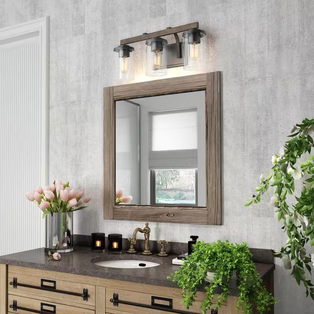 LNC A03409 20in 3-Light Farmhouse Vanity Light Rust Black Faux Wood Clear Glass