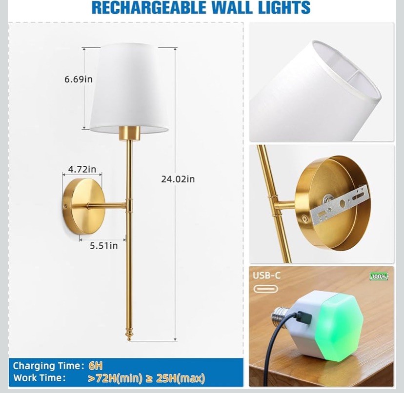 Wall Sconce Set Of 2 Battery Operated Gold Rechargeable Dimmable