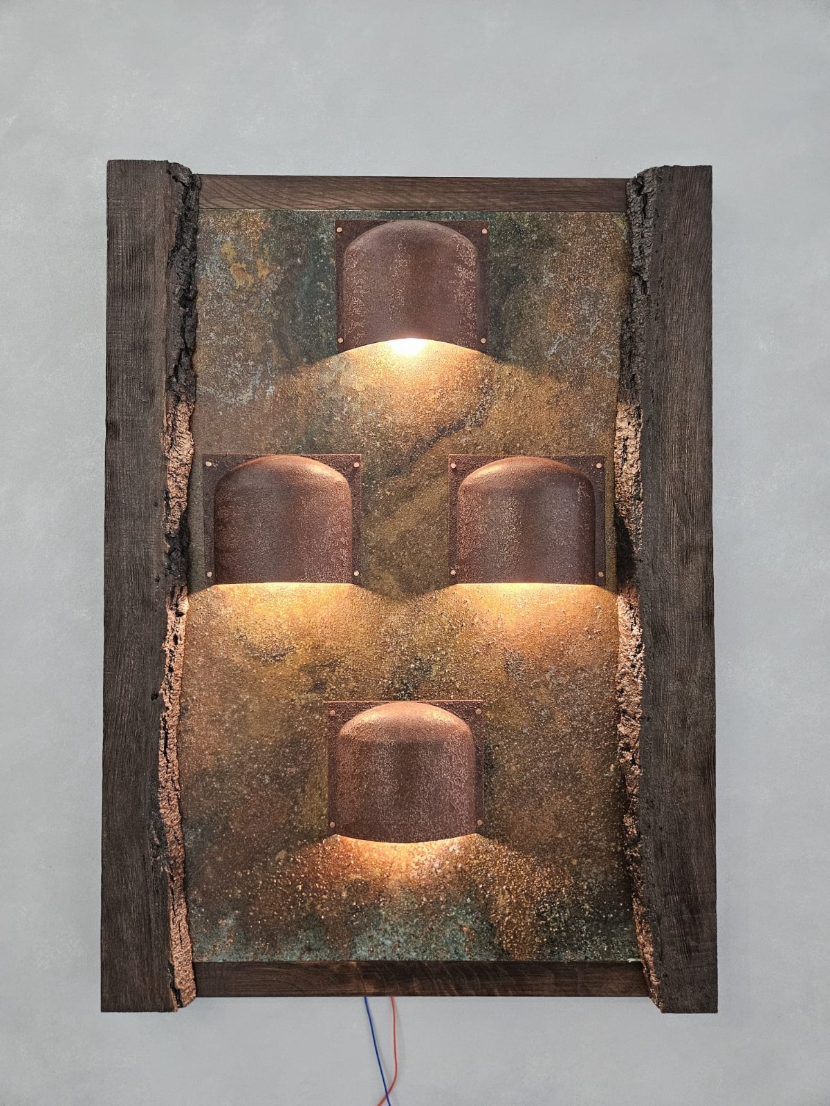Copper Wall Light Hand Patinated LED Light Panel Oak Frame Wall Lamp