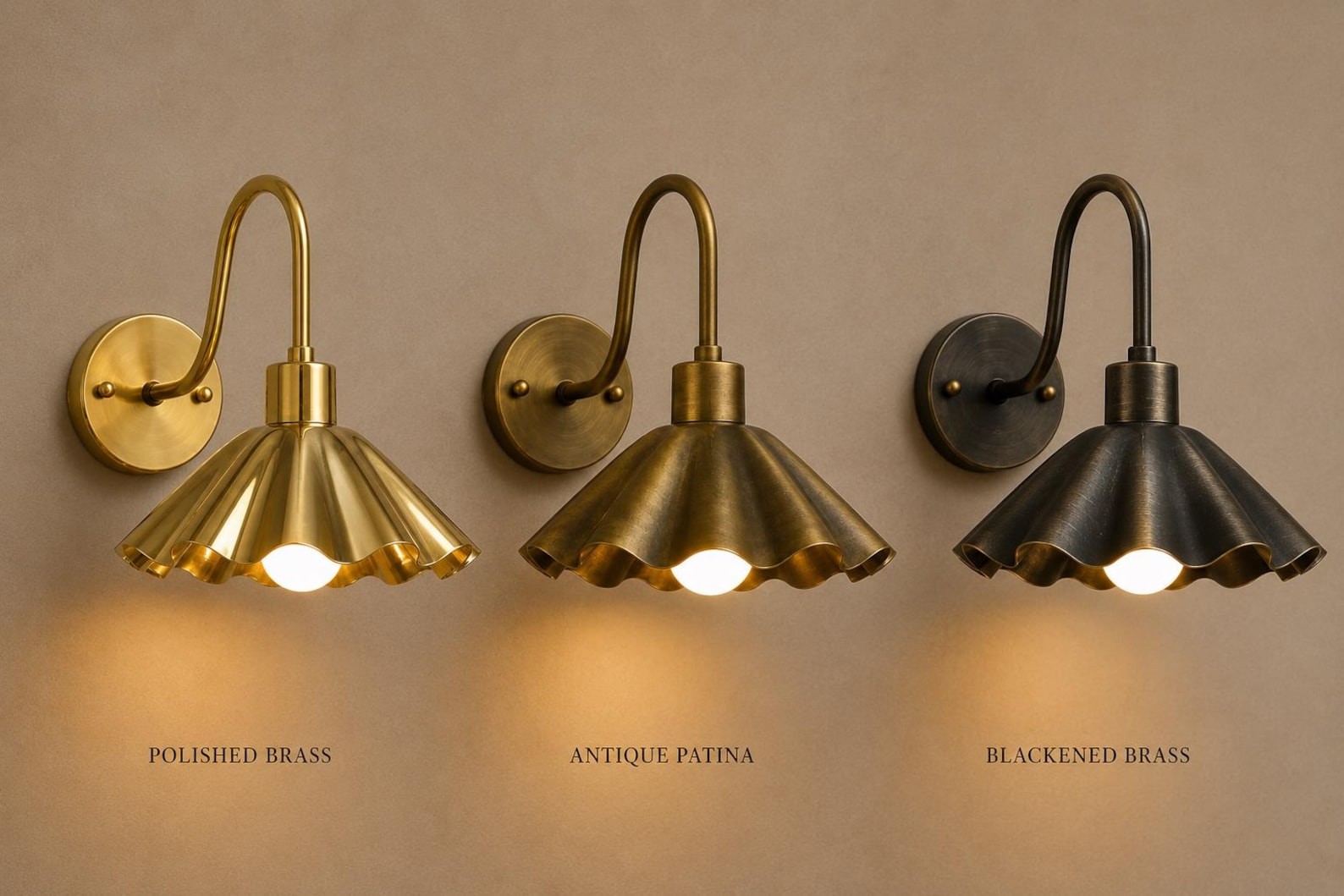 Handmade Solid Brass Ruffle Shade Sconce, Mid Century Modern Scalloped Wall Ligh