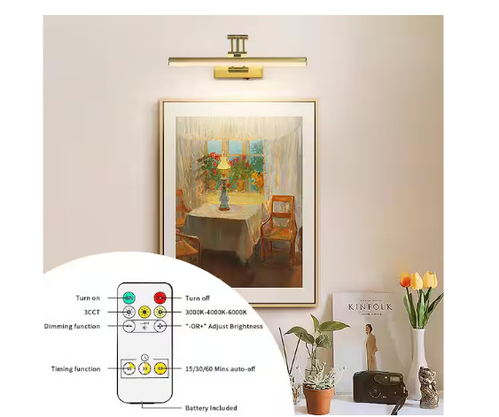 JUSHENG 16″ Brass LED Picture Light Dimmable Swivel Remote Control Fixture