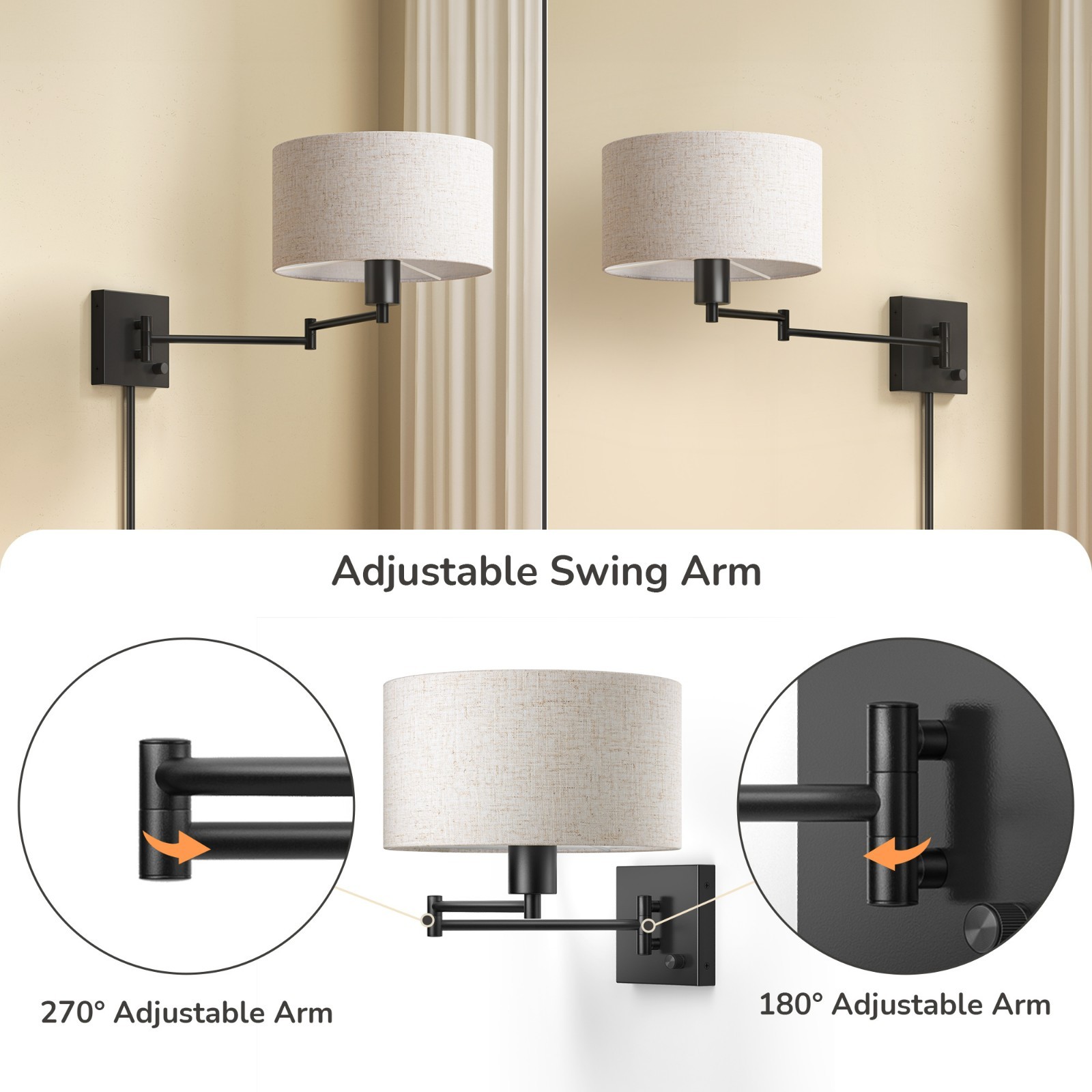 Wall Sconce, Dimmable Adjustable Plug-in/Hardwired Swing Arm Wall Sconce W/ Bulb