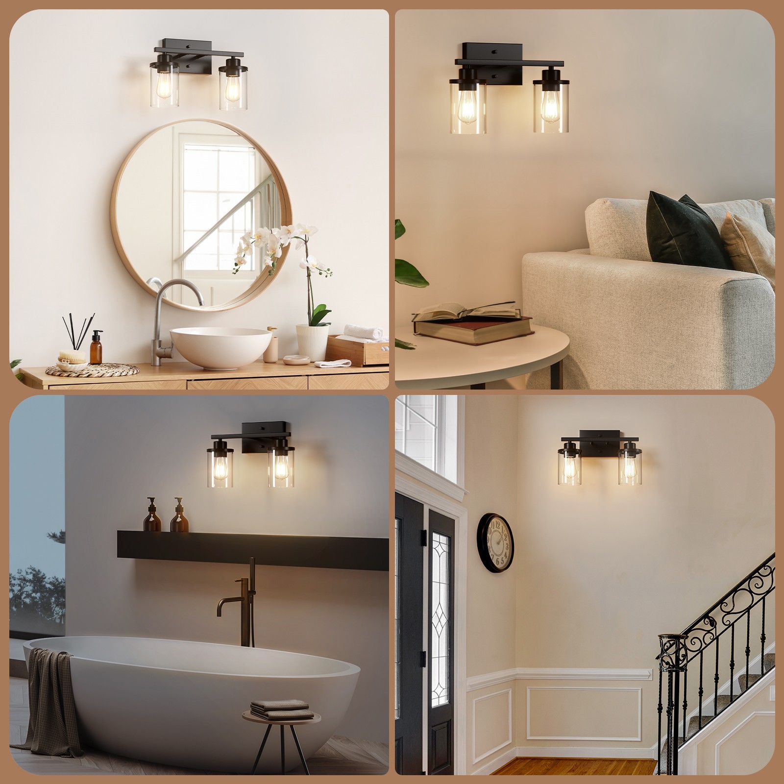 EDISHINE Minimalist 2-Light Sconce,Iron & Glass,Modern Style,Dimmable Compatible