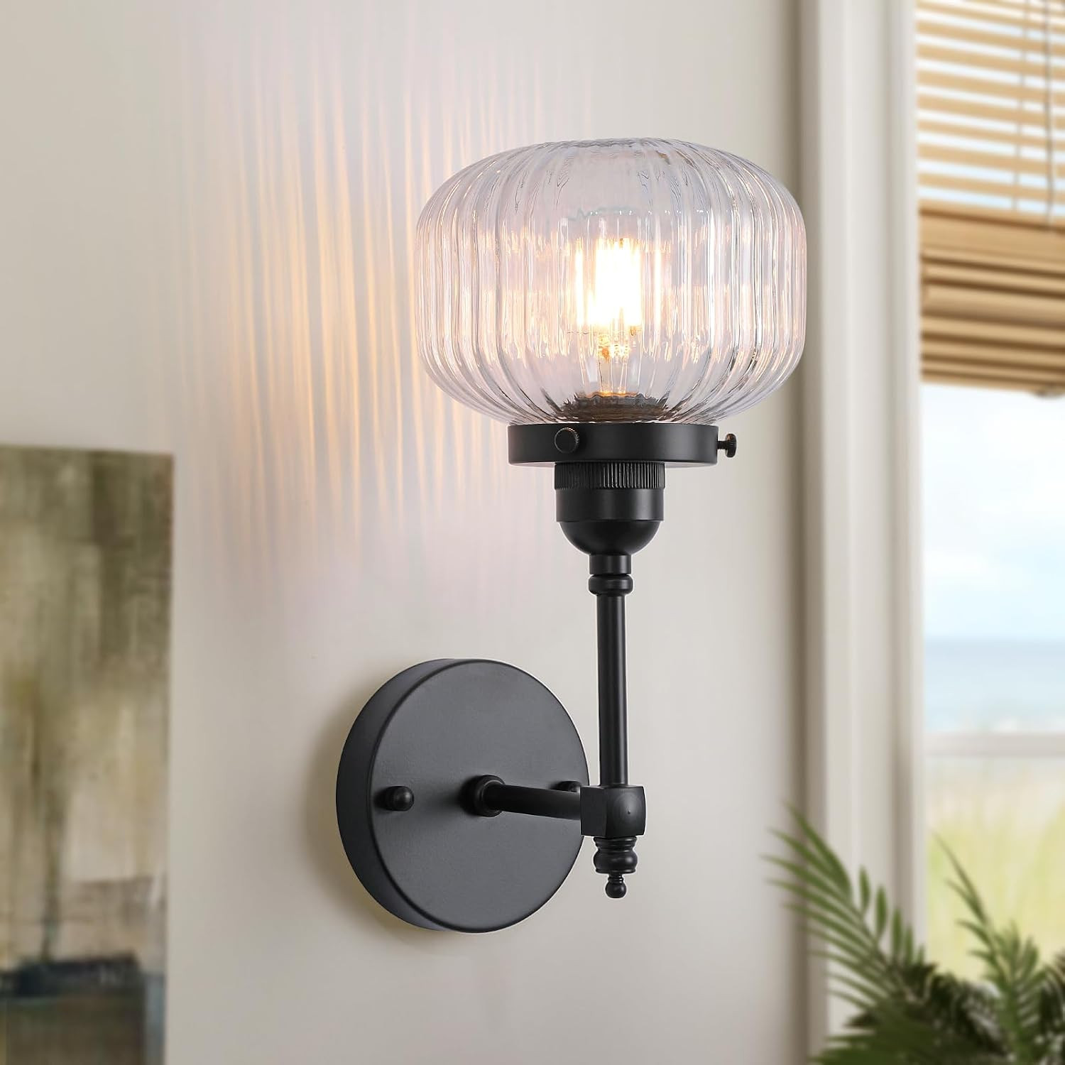 Modern Black Wall Sconce with Striped Glass for Bathroom or Hallway