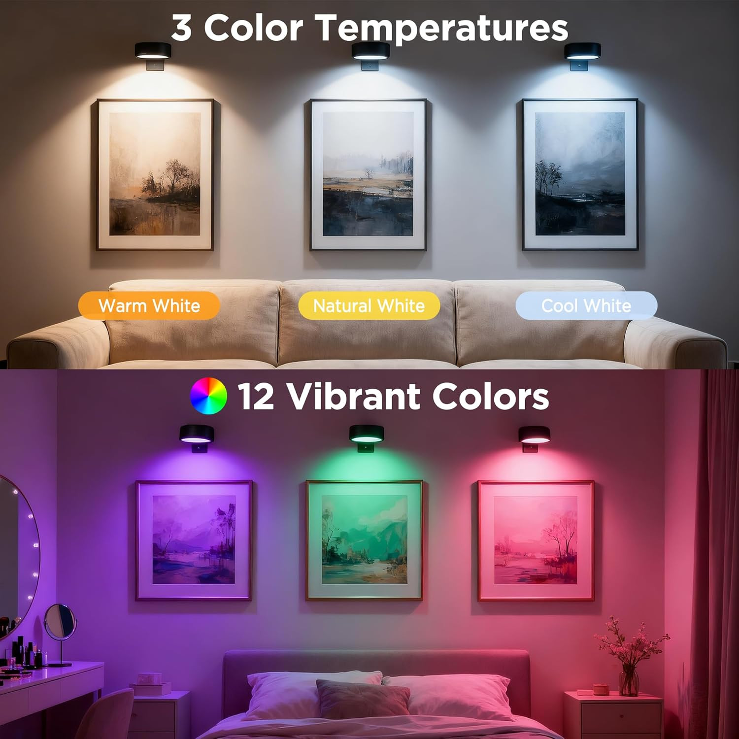 4-Pack Picture Lights for Wall, Rechargeable Wireless Poster Lights with 3 CCT &