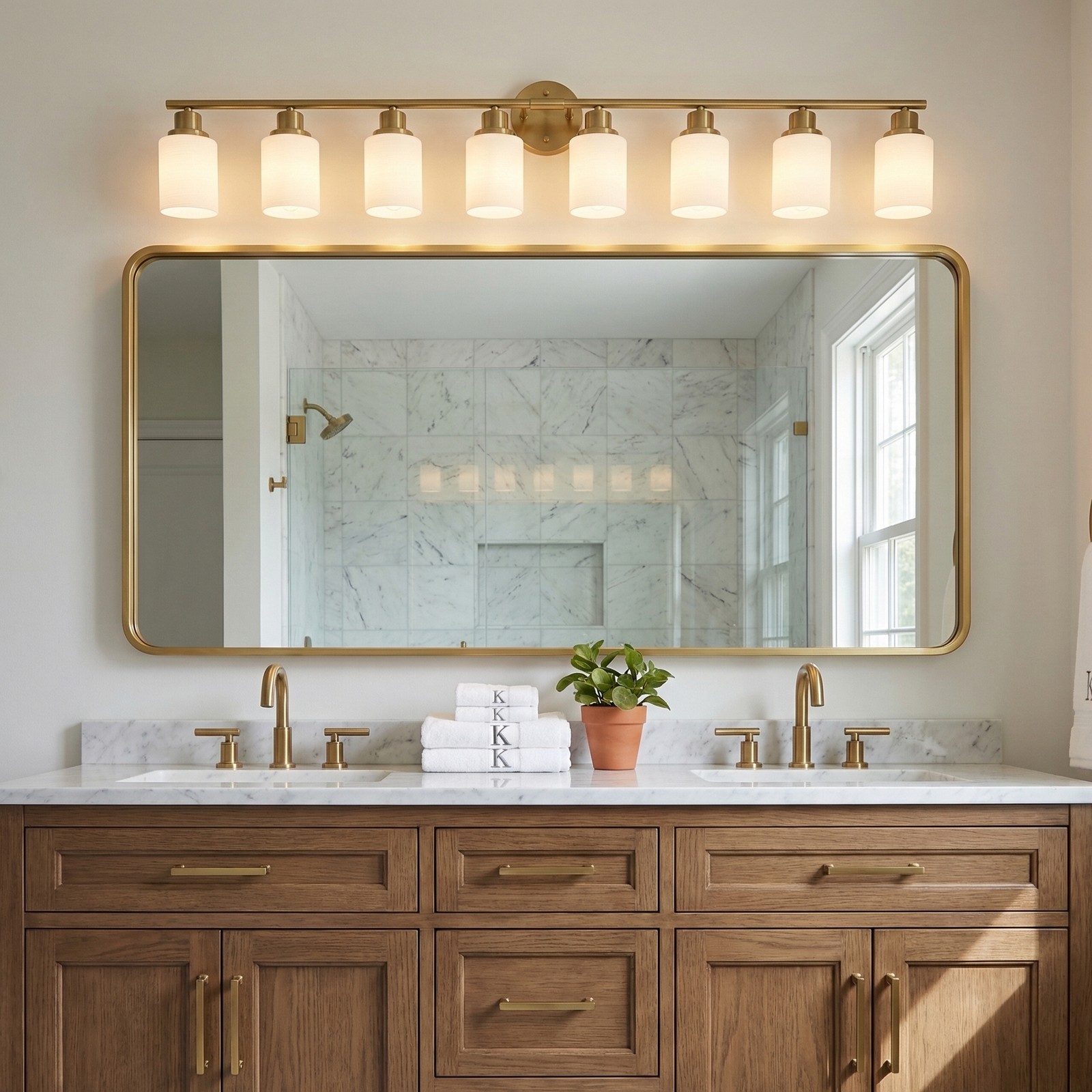 52» Vanity Light 8 Lights with Glass Shade Bathroom Mirror Wall Gold Fixture