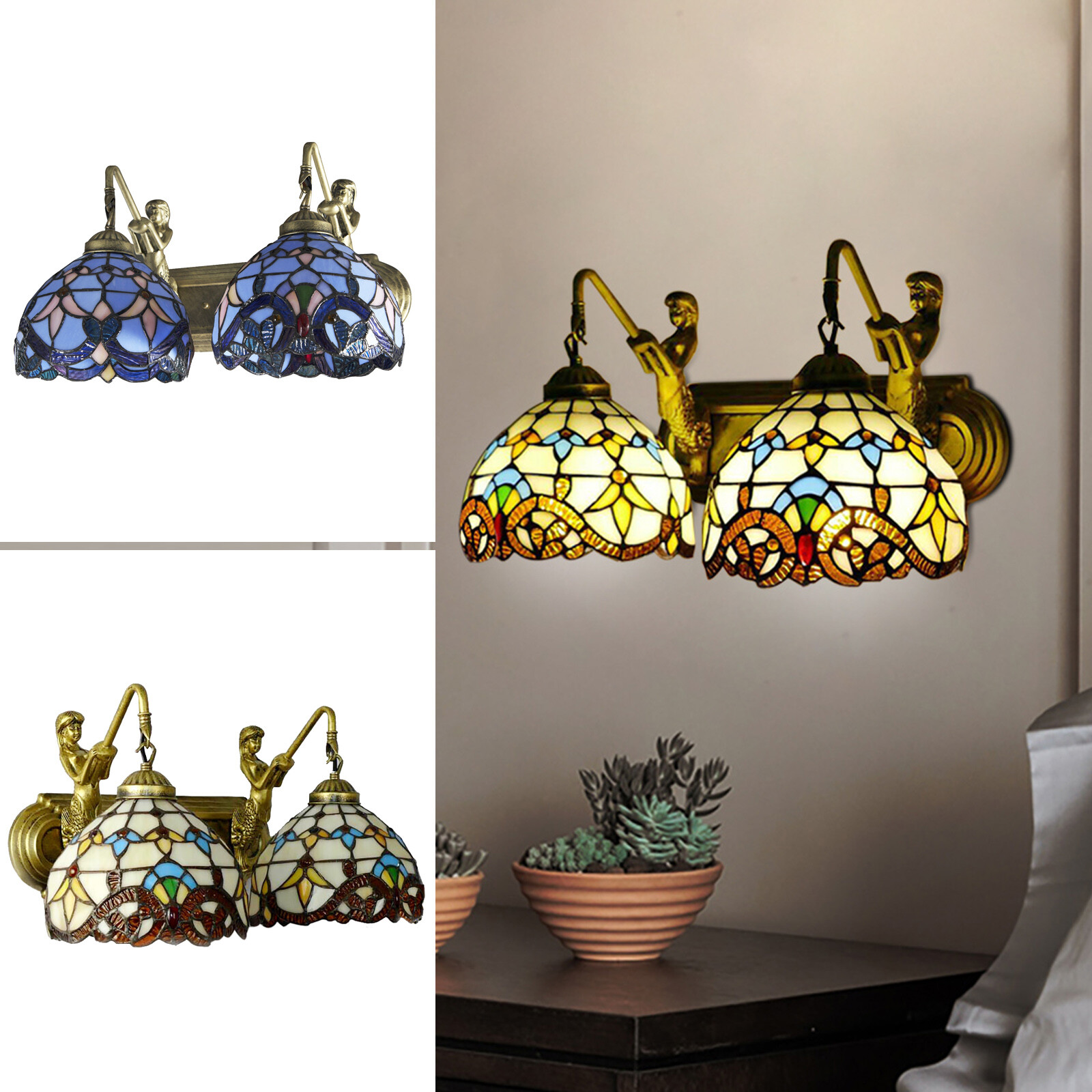 Indoor Tiffany Bathroom Vanity 2 Light Fixture Retro Stained Glass Wall Lighting