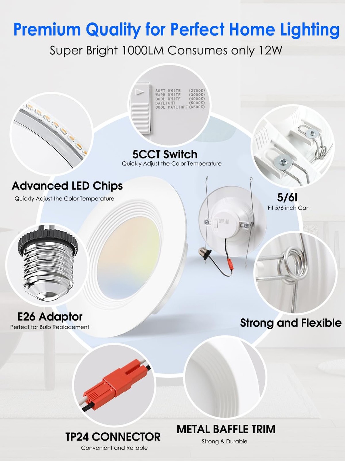 Energetic 12 Pack 5/6 Inch 5CCT LED Recessed Light Retrofit, 2700K/3000K/4000…