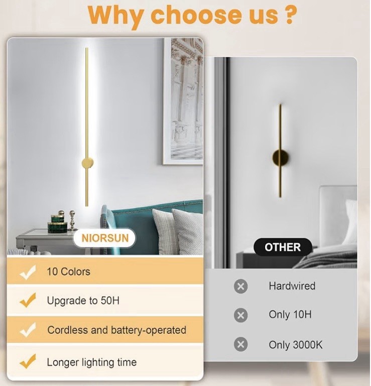 NIORSUN Gold Rechargeable LED Wall Sconce 2-Pack Remote Dimmable RGB