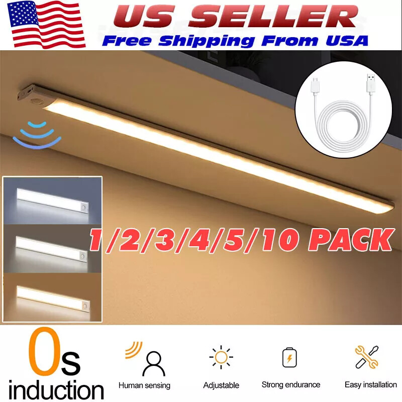 LED Motion Sensor Under Cabinet Closet Light USB Rechargeable Kitchen Strip Lamp