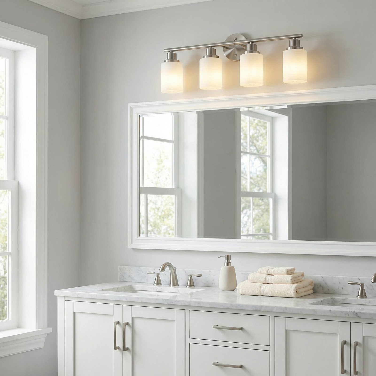Vanity Light 24 inch Glass Shade Nickel 4-Lights Wall Fixture Bathroom Mirror