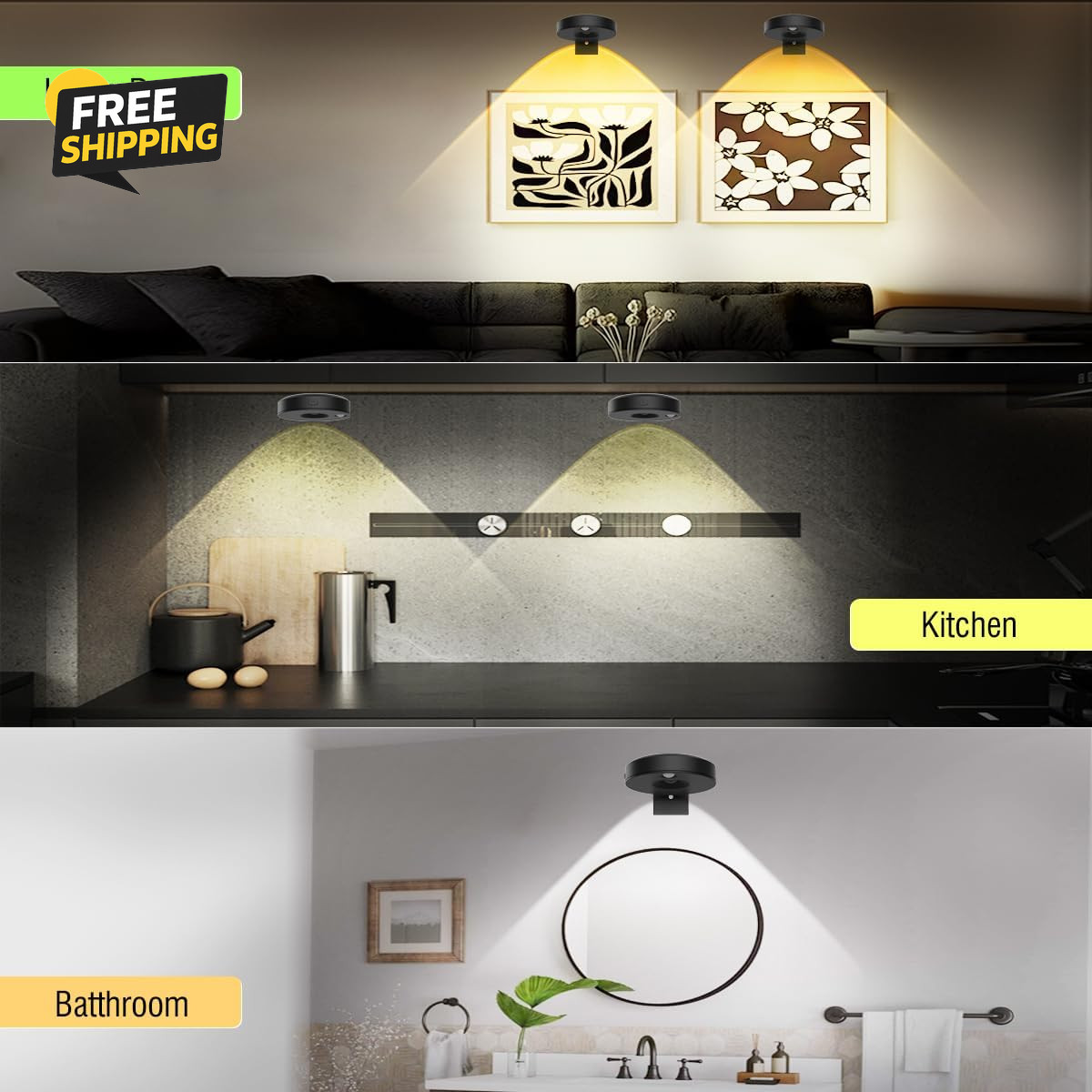 3Pack LED Picture Lights for Wall Rechargeable Battery Picture Frame Light