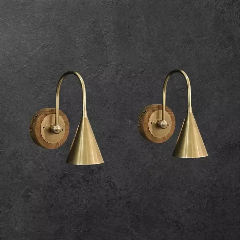 Handmade Pair of Raw brass wooden base Italian wall sconce Mid century Light