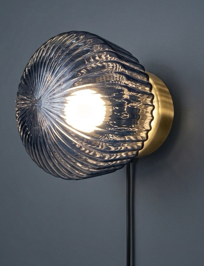 Ikea SOLKLINT Wall Lamp Modern Brass/Blueish Gray Smoked Ribbed Glass With Bulb