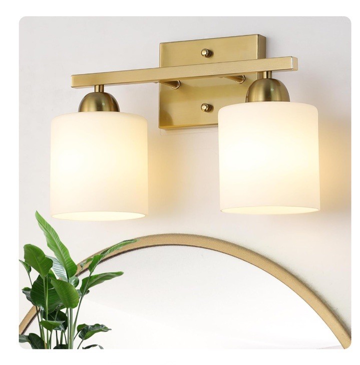 Brushed Gold Milk Glass Vanity Light Over Mirror with Frosted Glass P310