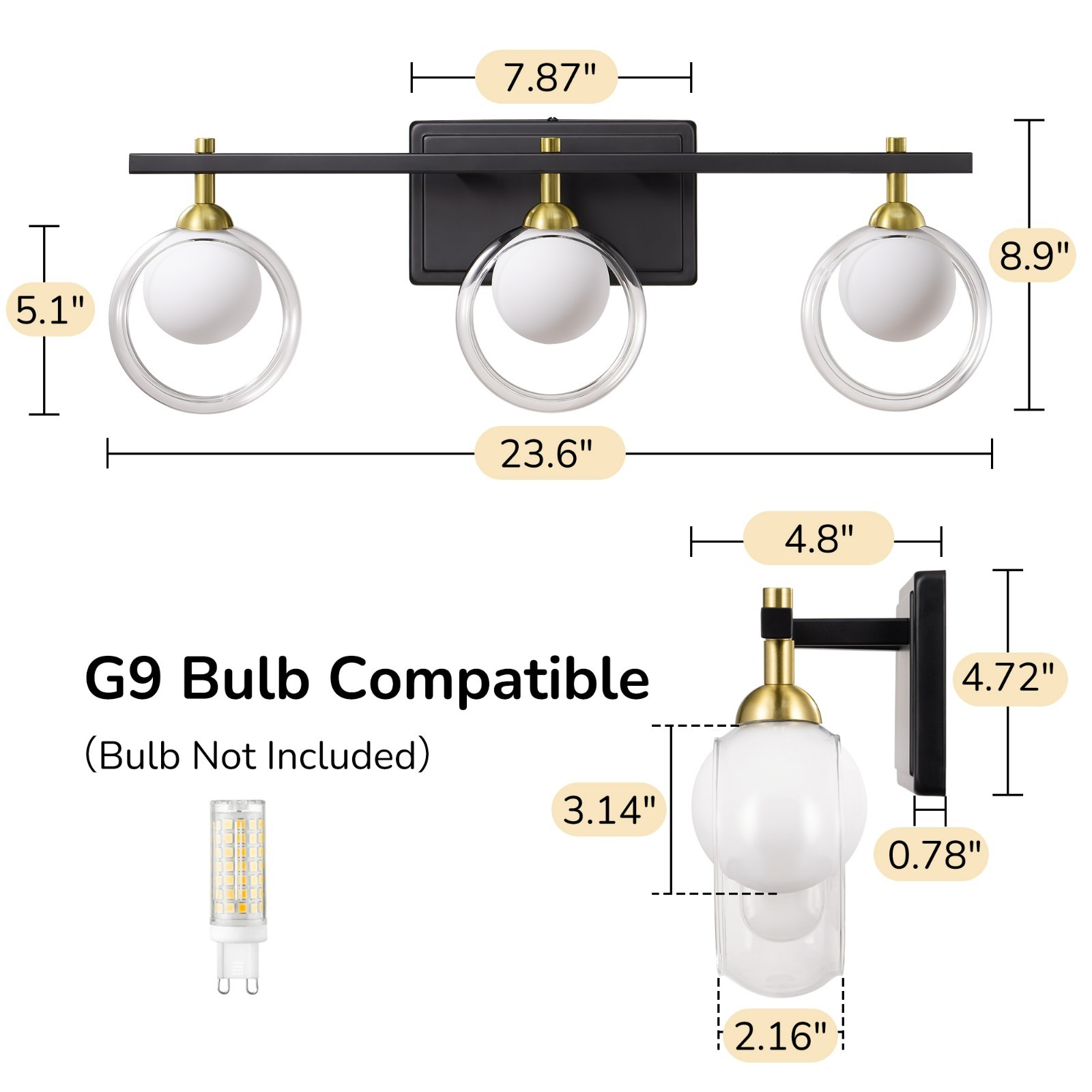EDISHINE 24″ Geometric Vanity Light,3 Lights,Matte Black Gold Trim,Frosted Glass