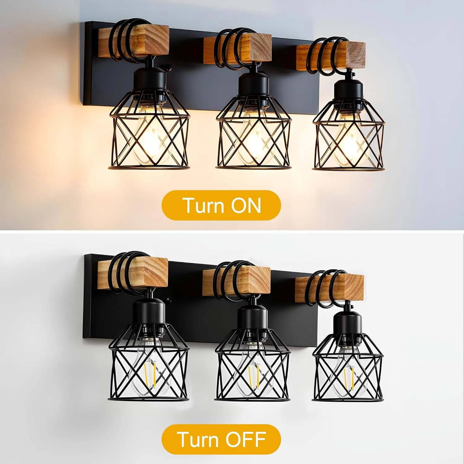 3 Light Bathroom Vanity Wall Lamp Rustic Wood And Black Metal Cage Farmhouse…