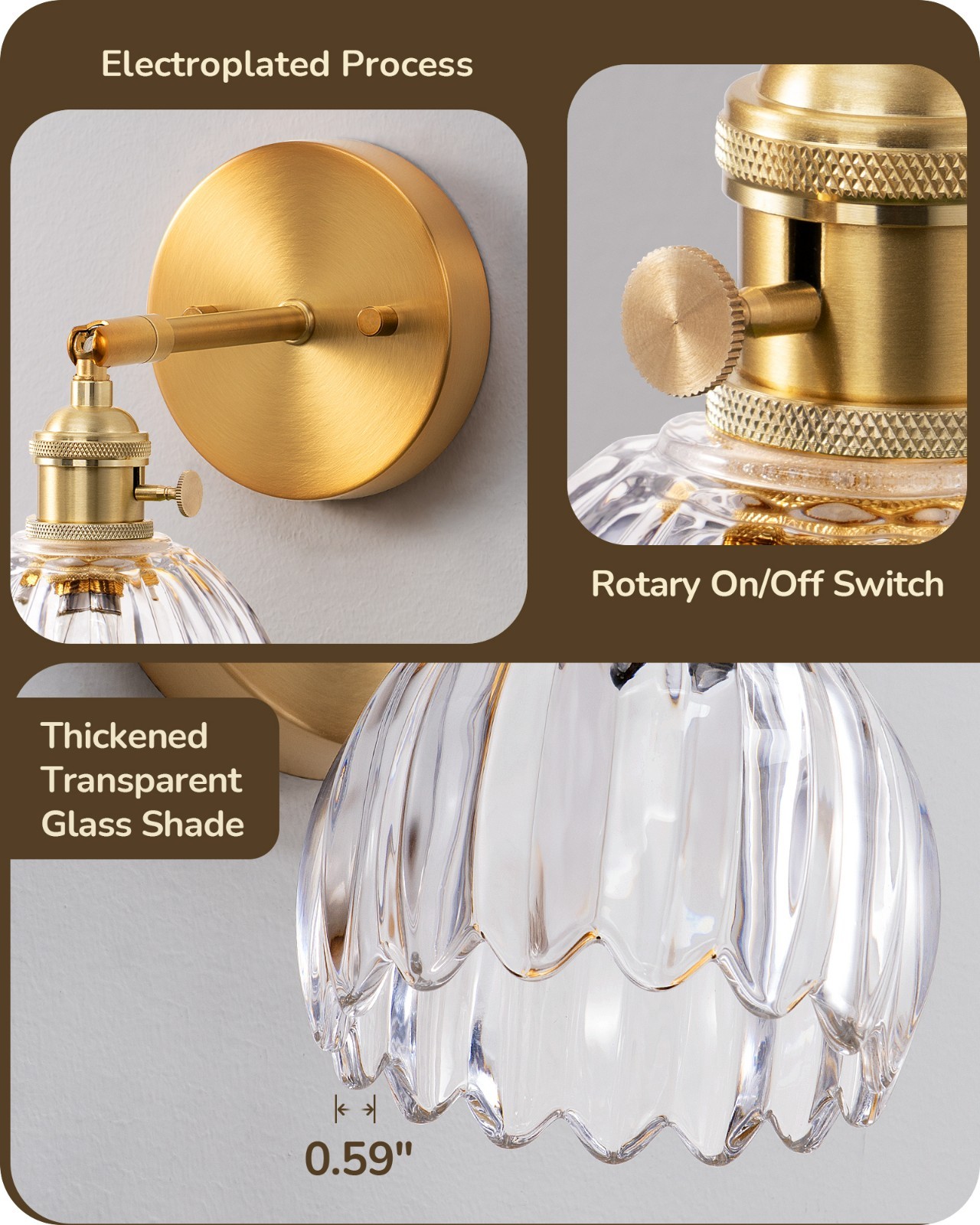 EDISHINE Vintage Brass Gold Vanity Lights, 180° Adjustable Head, Rotary Switch
