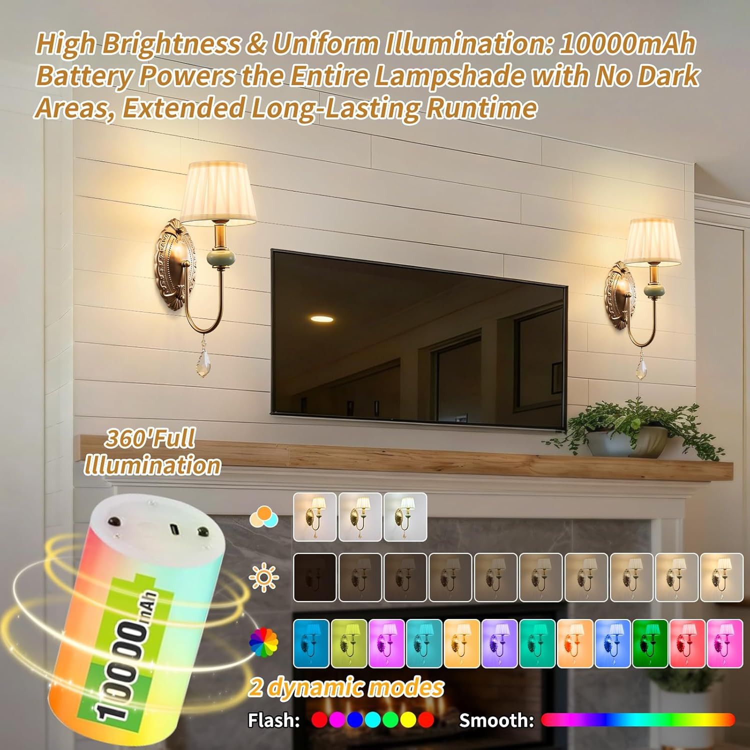 Antique Brass Wireless Wall Sconces Set of 2 with RGB Dimming and Remotes