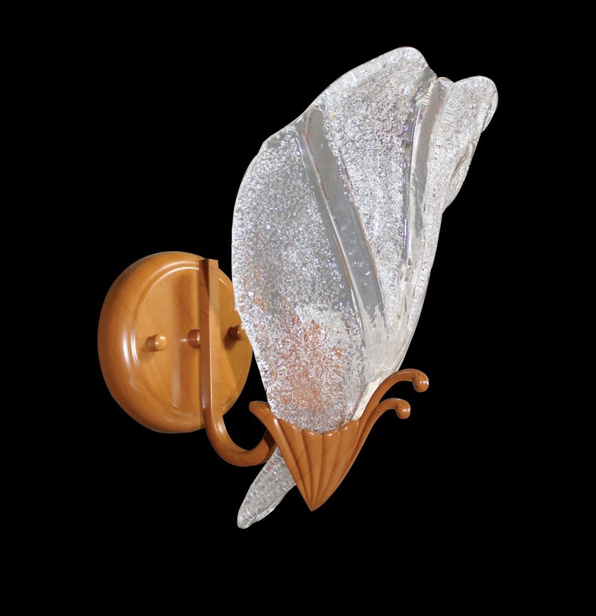 1-Light Art Deco Wall Sconce With Frosted Glass Flower Shade Light Wood Finish