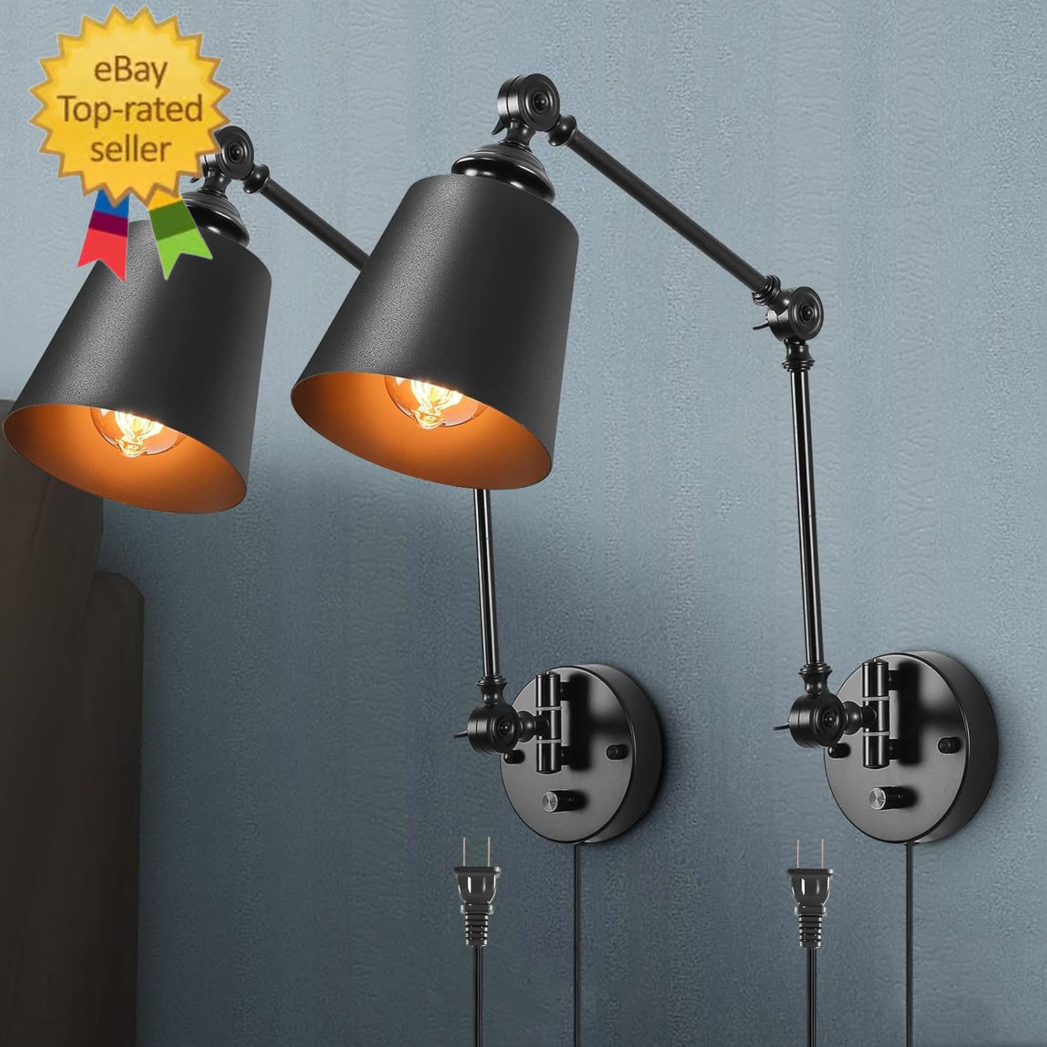 DIMMABLE Swing Arm Plug in Wall Lamps Set of 2, Plug-In Wall Sconce with Dimmer