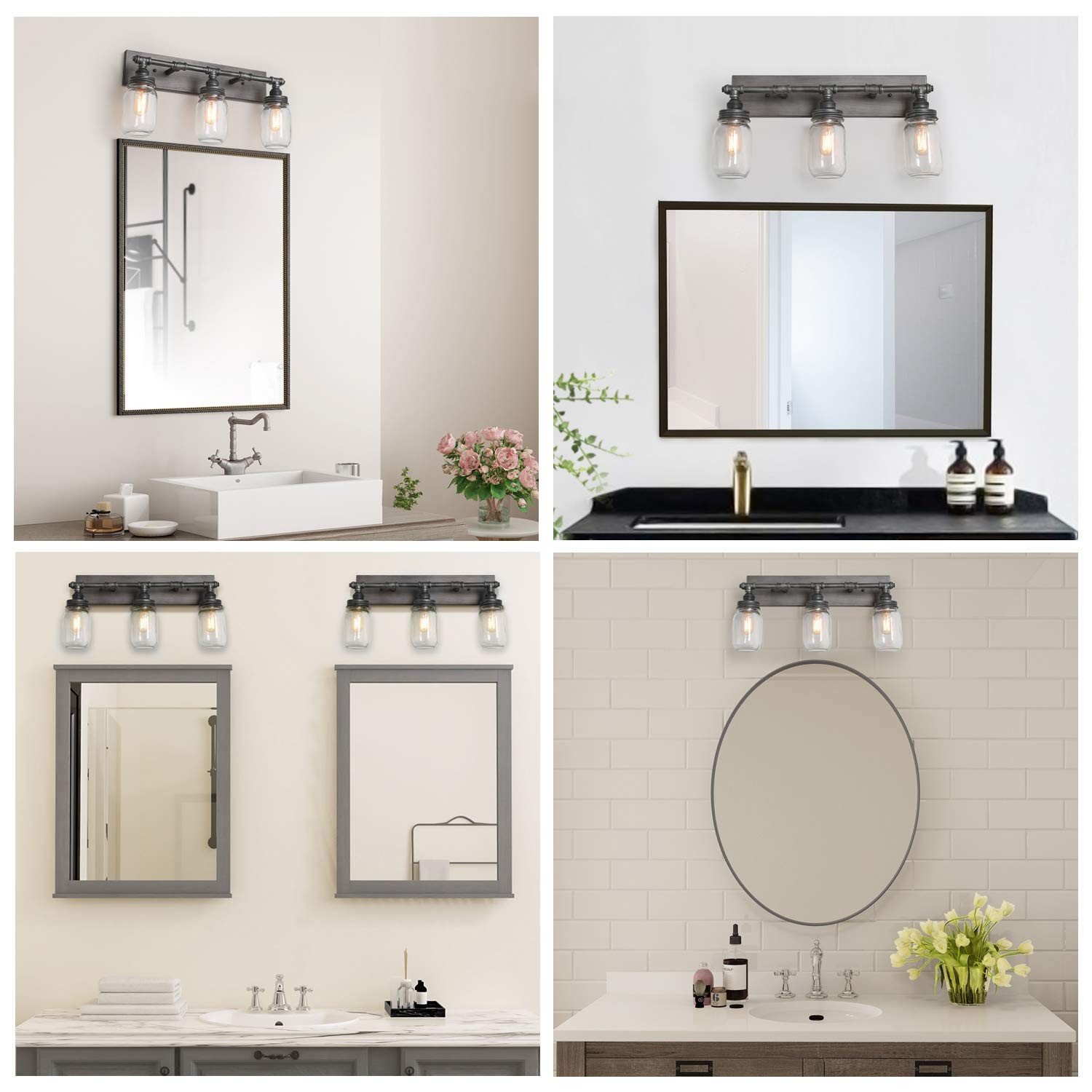 LNC 24» Large Bathroom Light Fixtures, Industrial 3 Mason Jar Vanity Light w…