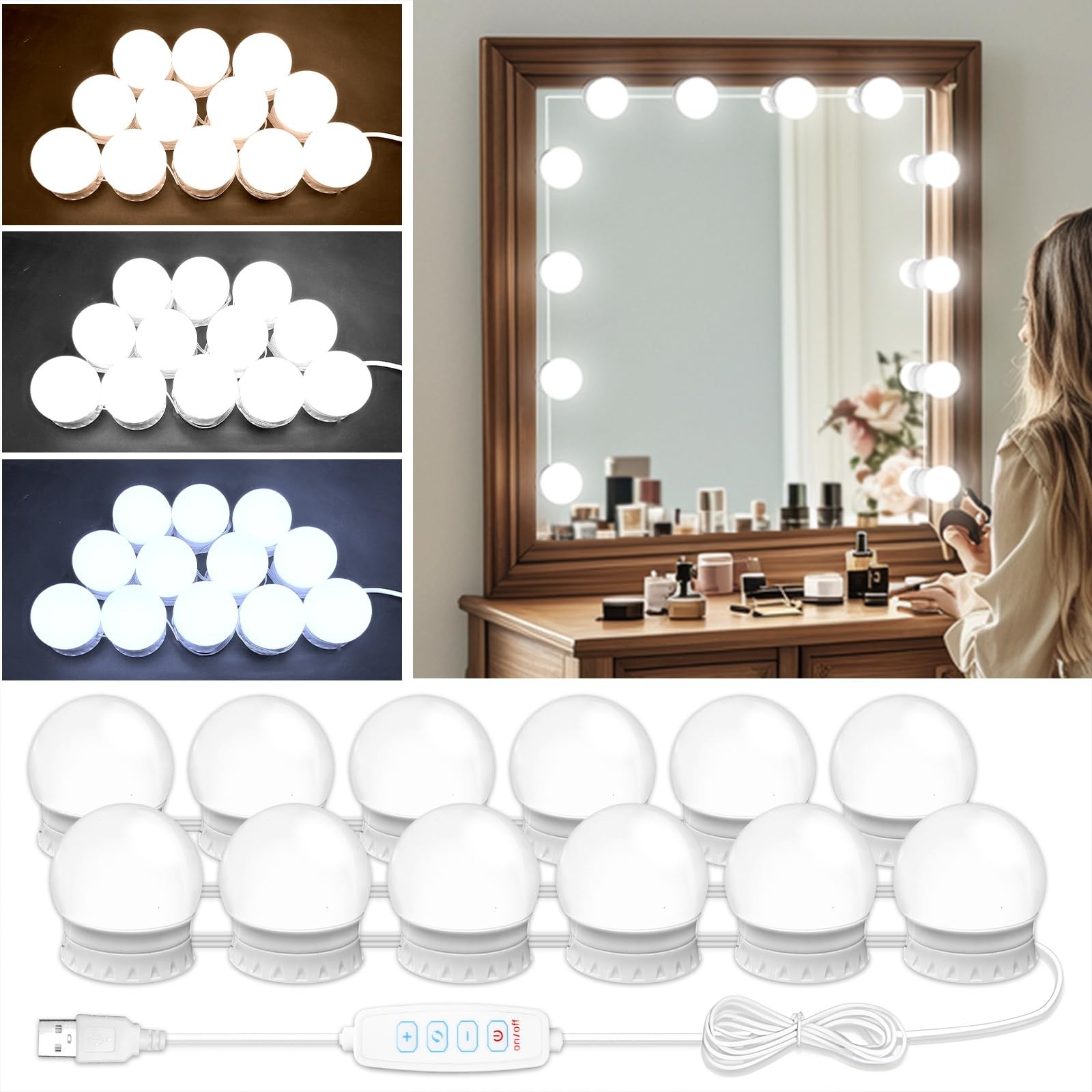 LED Vanity Mirror Lights with 12 Stick On Dimmable Bulbs, 3000K 4500K 6500K &…
