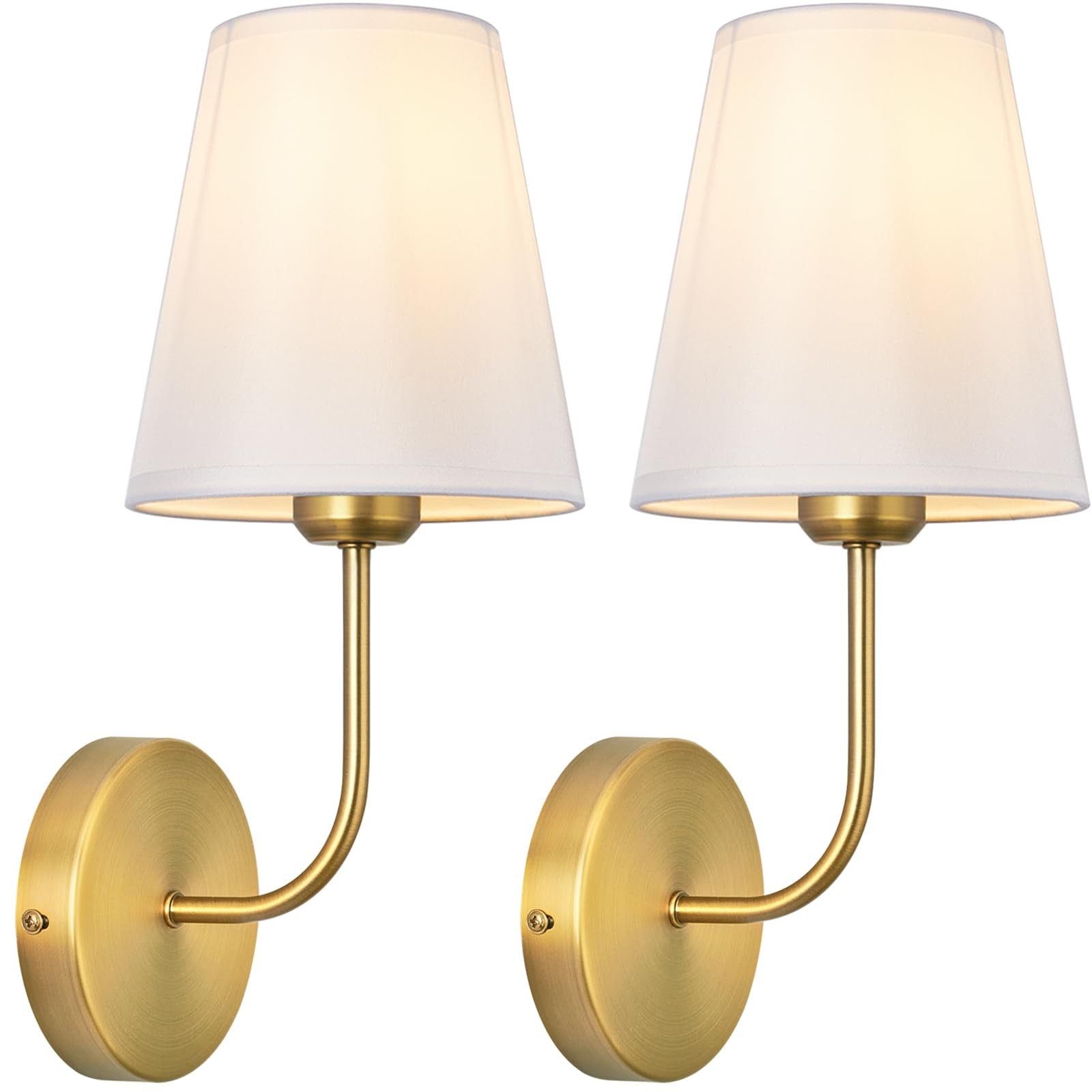 Antique Brass Hardwired Wall Sconce Set of 2 – Gold Finish with White Fabric Sha
