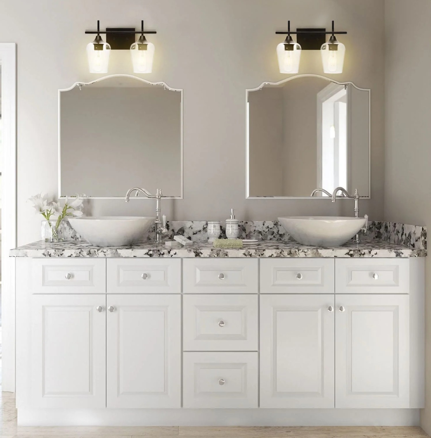 2-Light Bathroom Vanity Light – Matte Black Fixture w/ Clear Glass Shades – Mode