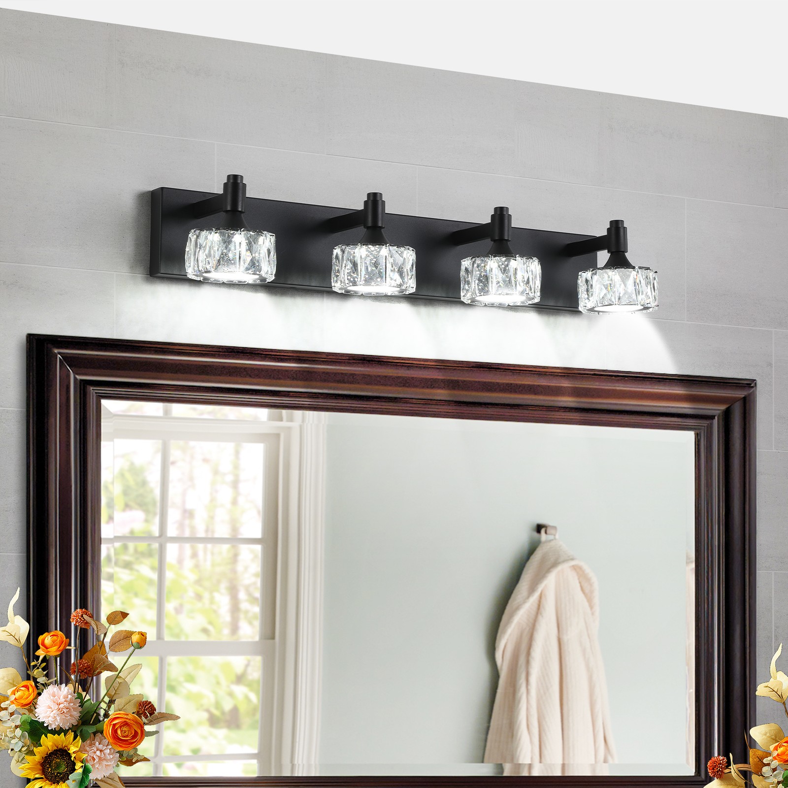 Black 28» Vanity 4 Light Crystal for Bathroom Mirror Wall Lamp Dimmable Fixture