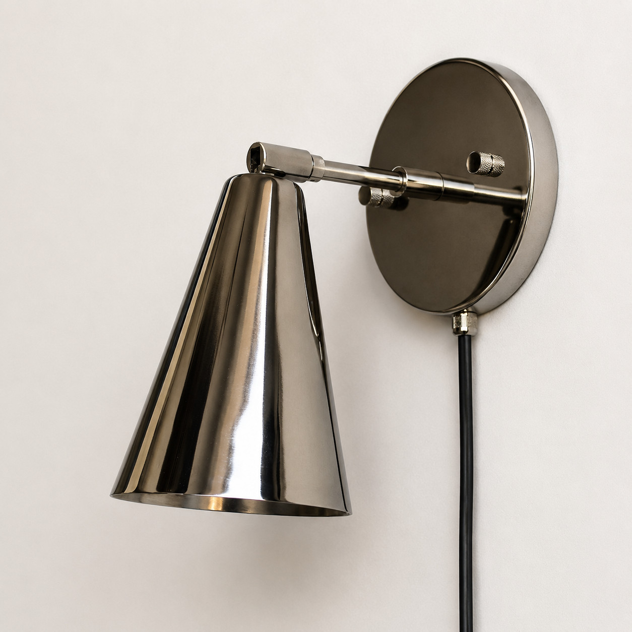 Polished Chrome Wall Sconce, Modern Metal Wall Light, Adjustable Cone Shade