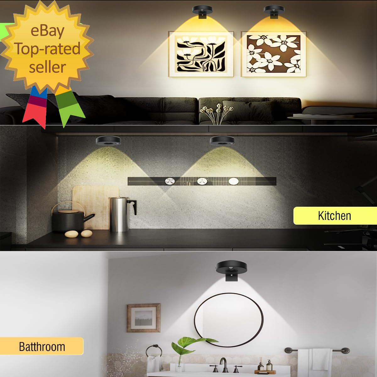 3Pack LED Picture Lights for Wall Rechargeable Battery Picture Frame with Remote