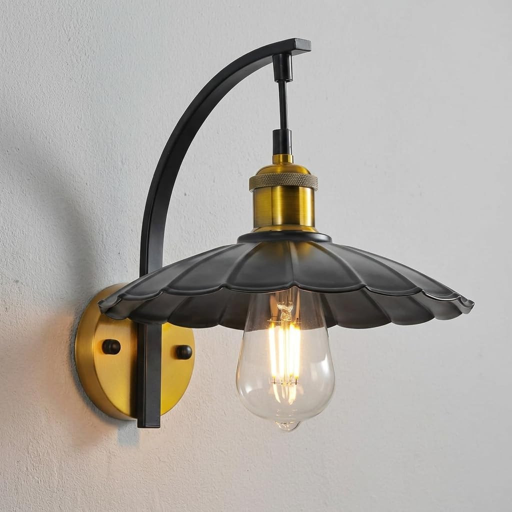 Vintage Industrial Wall Sconce – Matte Black & Gold Light Fixture with Bulb Incl
