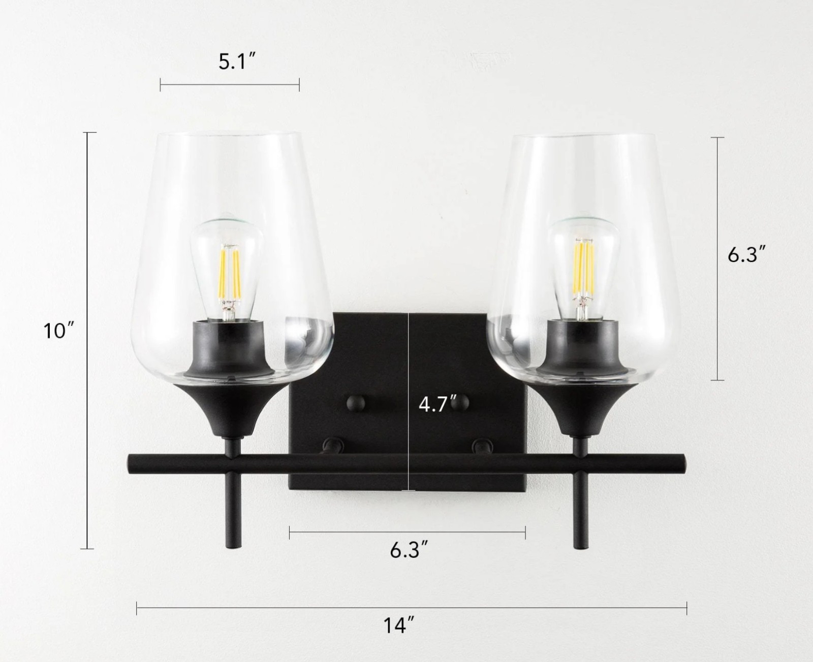 2-Light Bathroom Vanity Light – Matte Black Fixture w/ Clear Glass Shades – Mode
