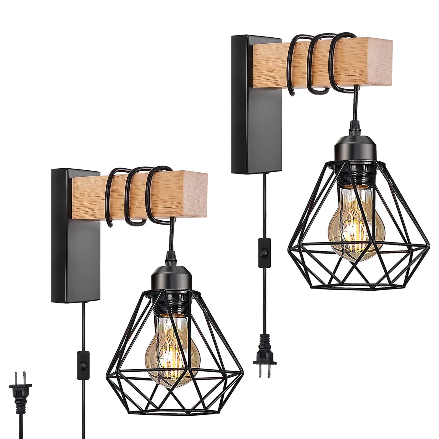 Plug in Wall Sconces Set of Two,Farmhouse Wall Mounted Lights with Plug in Cord,