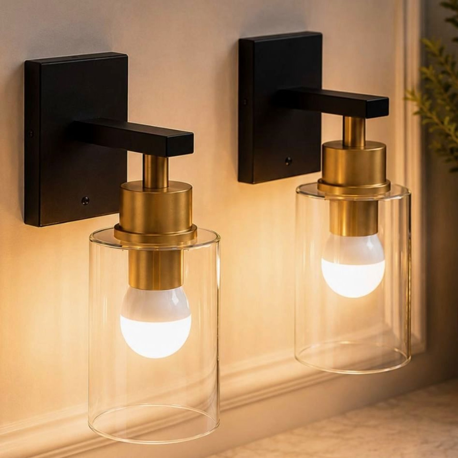 2 Rechargeable Wireless Wall Sconces Black Gold Glass Shade 12 Color Lights