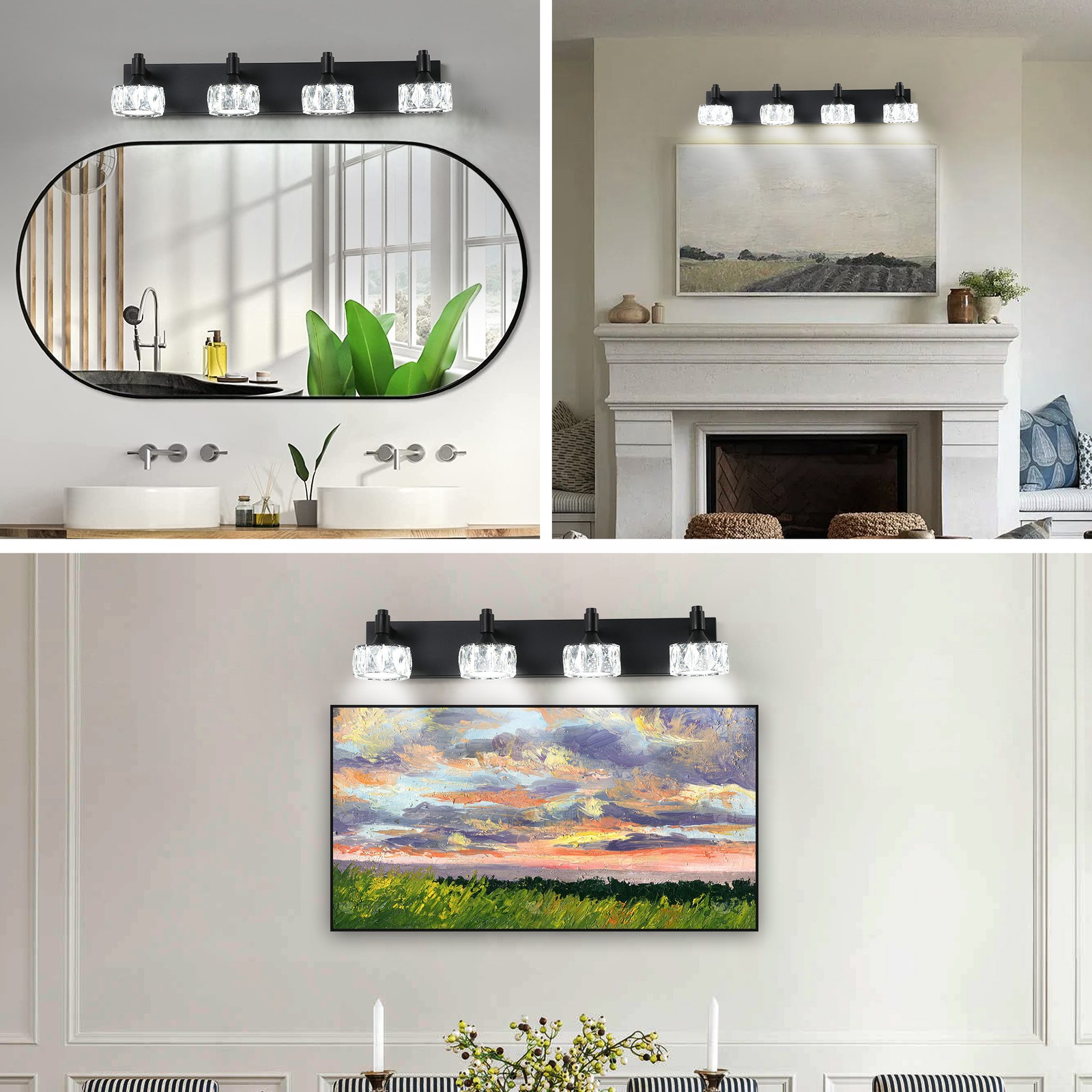 Black 28» Vanity 4 Light Crystal for Bathroom Mirror Wall Lamp Dimmable Fixture