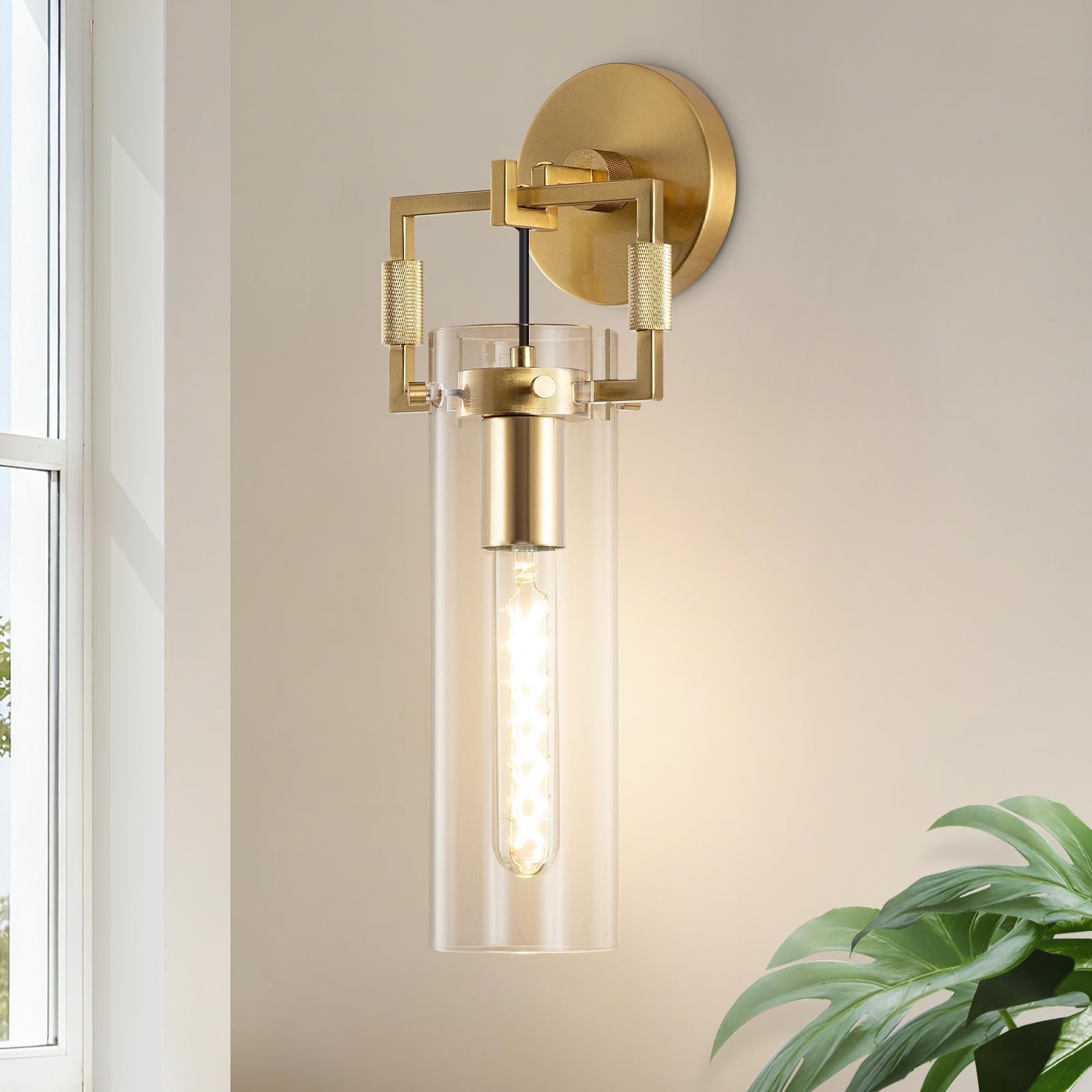 Gold Wall Sconce, 15inch Wall Lights for Living Room, Straight Glass Shade, 3…